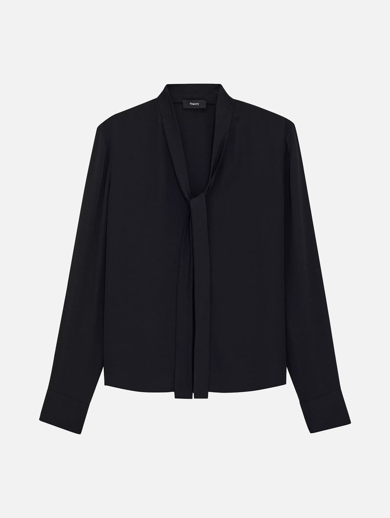 Open Tie Neck Silk  Blouse in Black