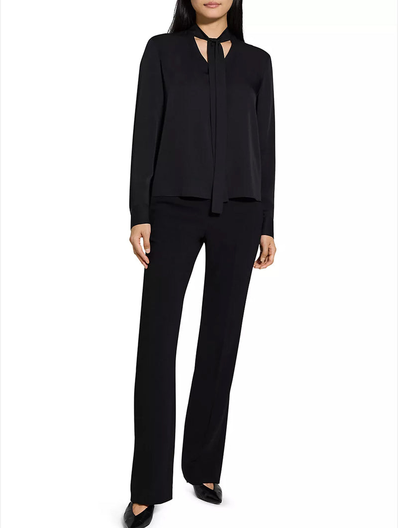 Open Tie Neck Silk  Blouse in Black