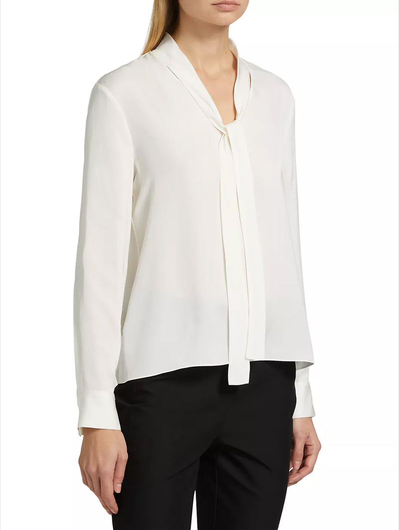 Open Tie Neck Silk  Blouse in Ivory