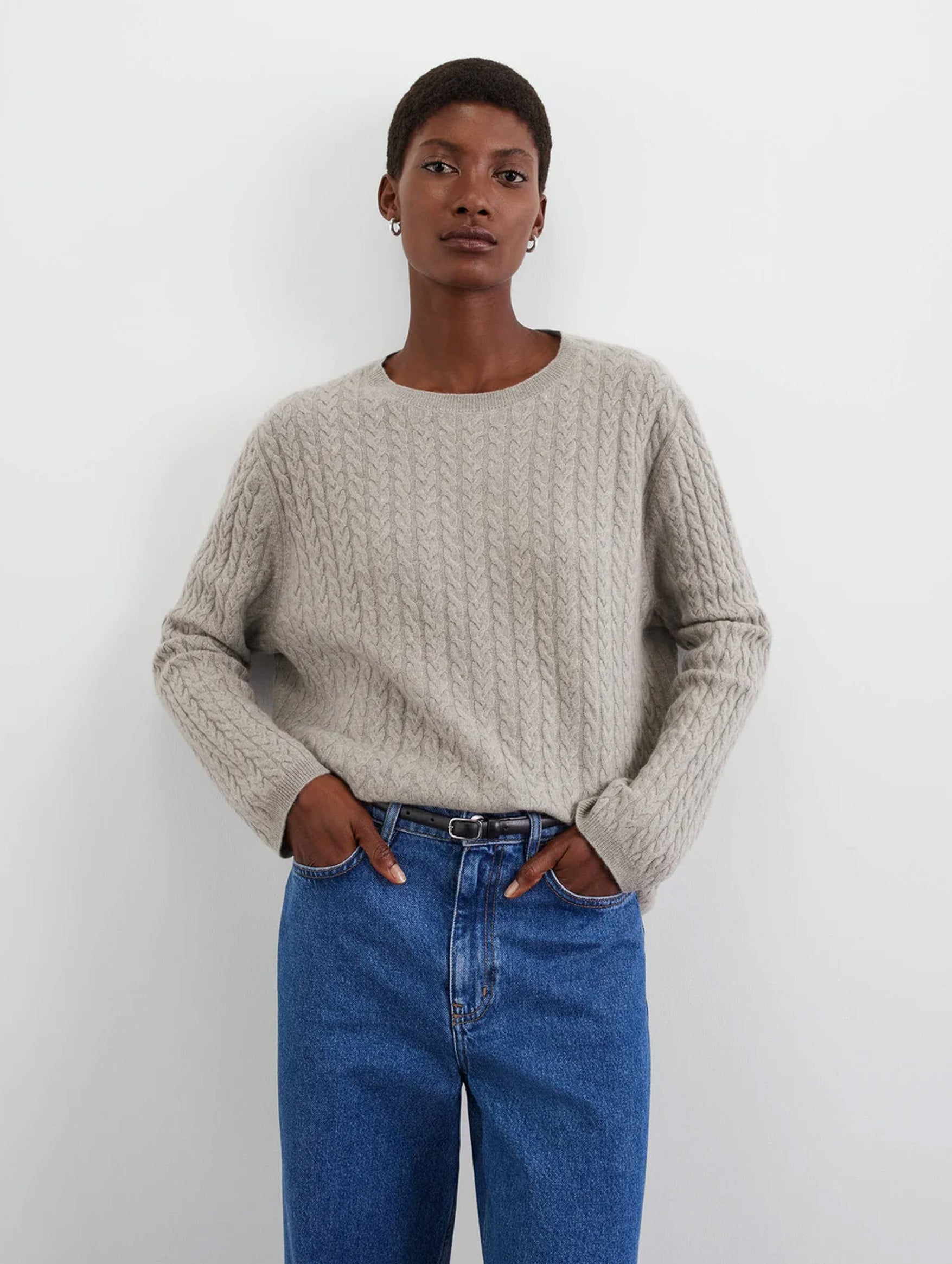 Oversized Cable Cashmere Sweater in Greige