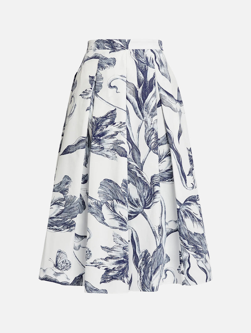 Pleated Midi Skirt in Botanical Engraving Ivory