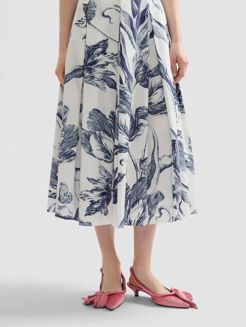 Pleated Midi Skirt in Botanical Engraving Ivory