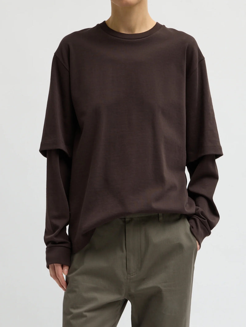 Perfectv T Unisex Double Layer Long Sleeve Tshirt in Brown
