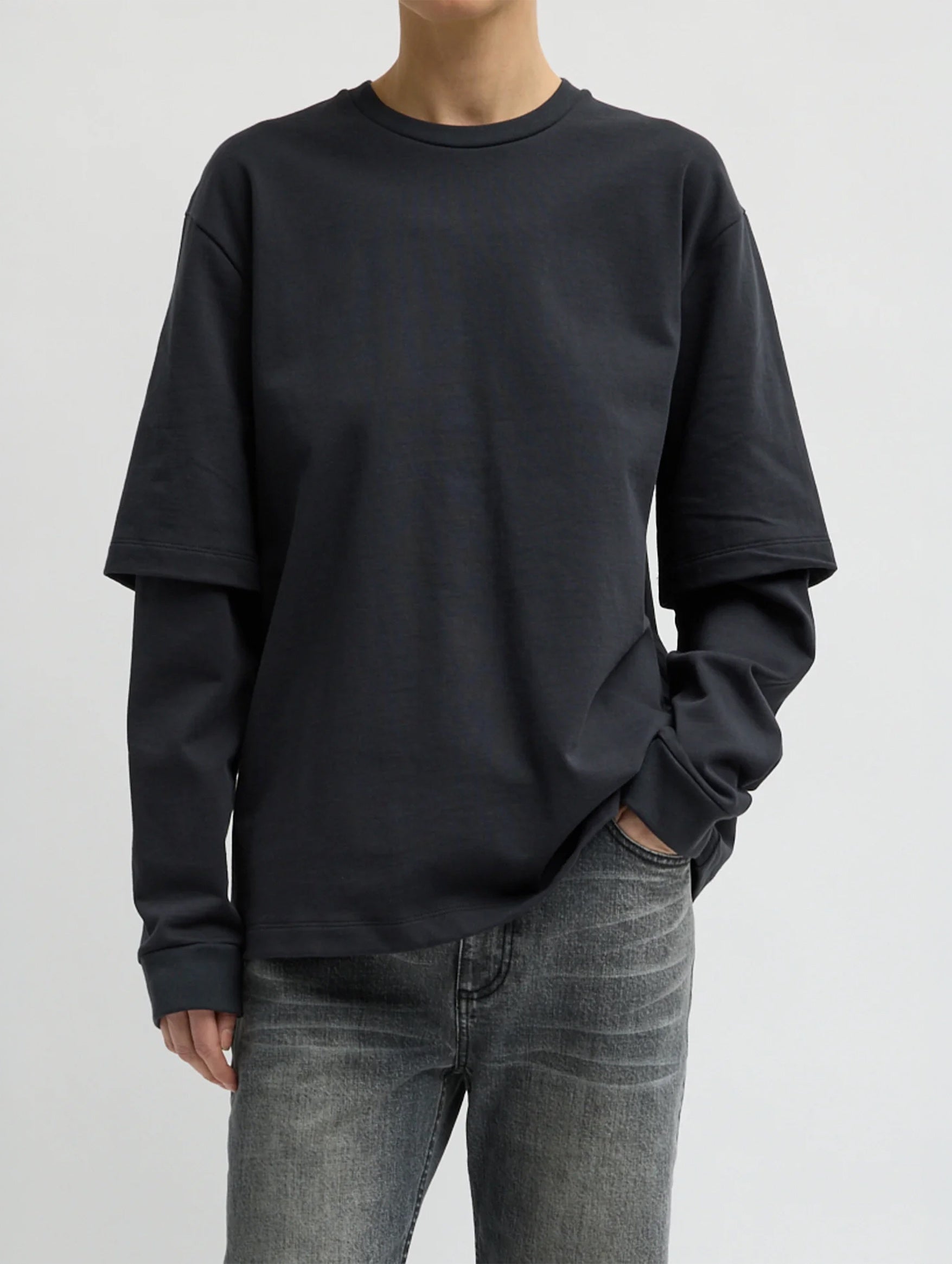 Perfect Unisex Double Layer Long Sleeve T-Shirt in Black