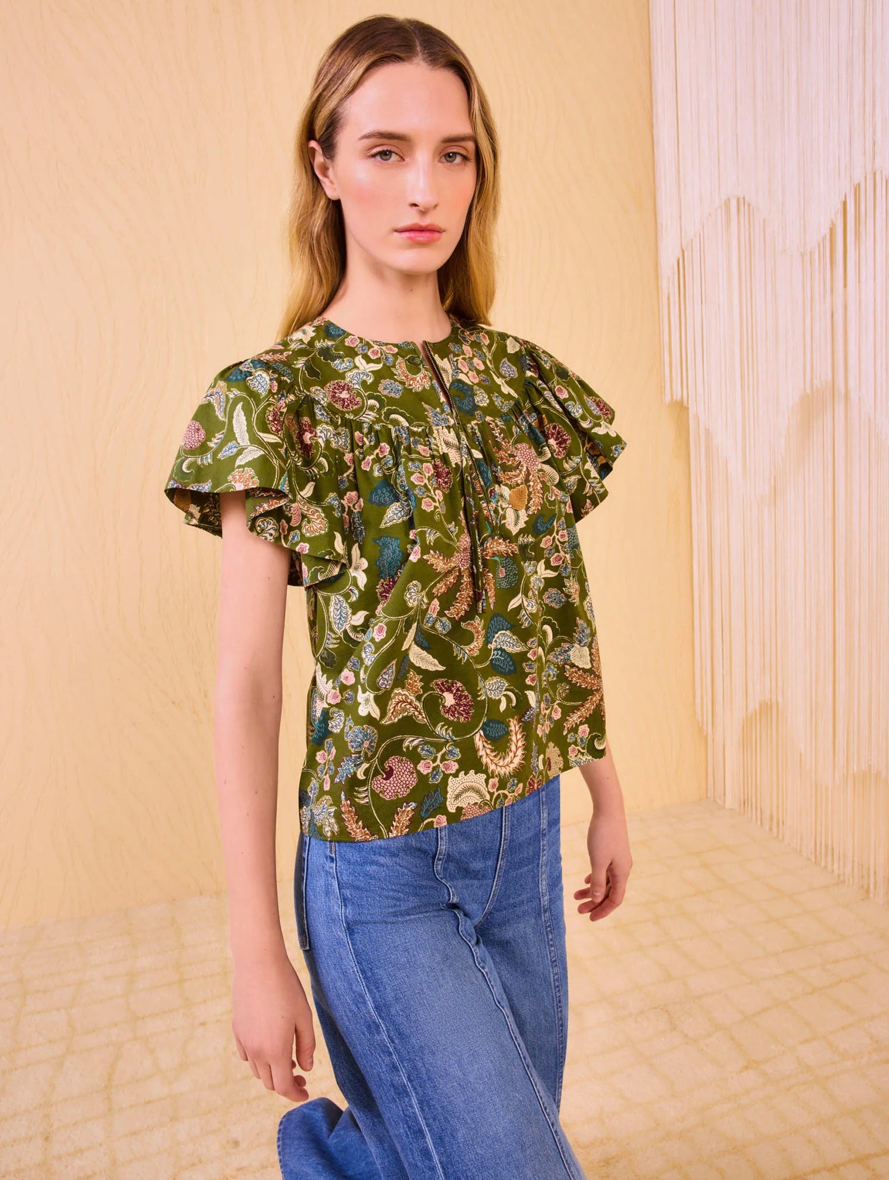 Perline Flutter Sleeve Blouse in Lichen