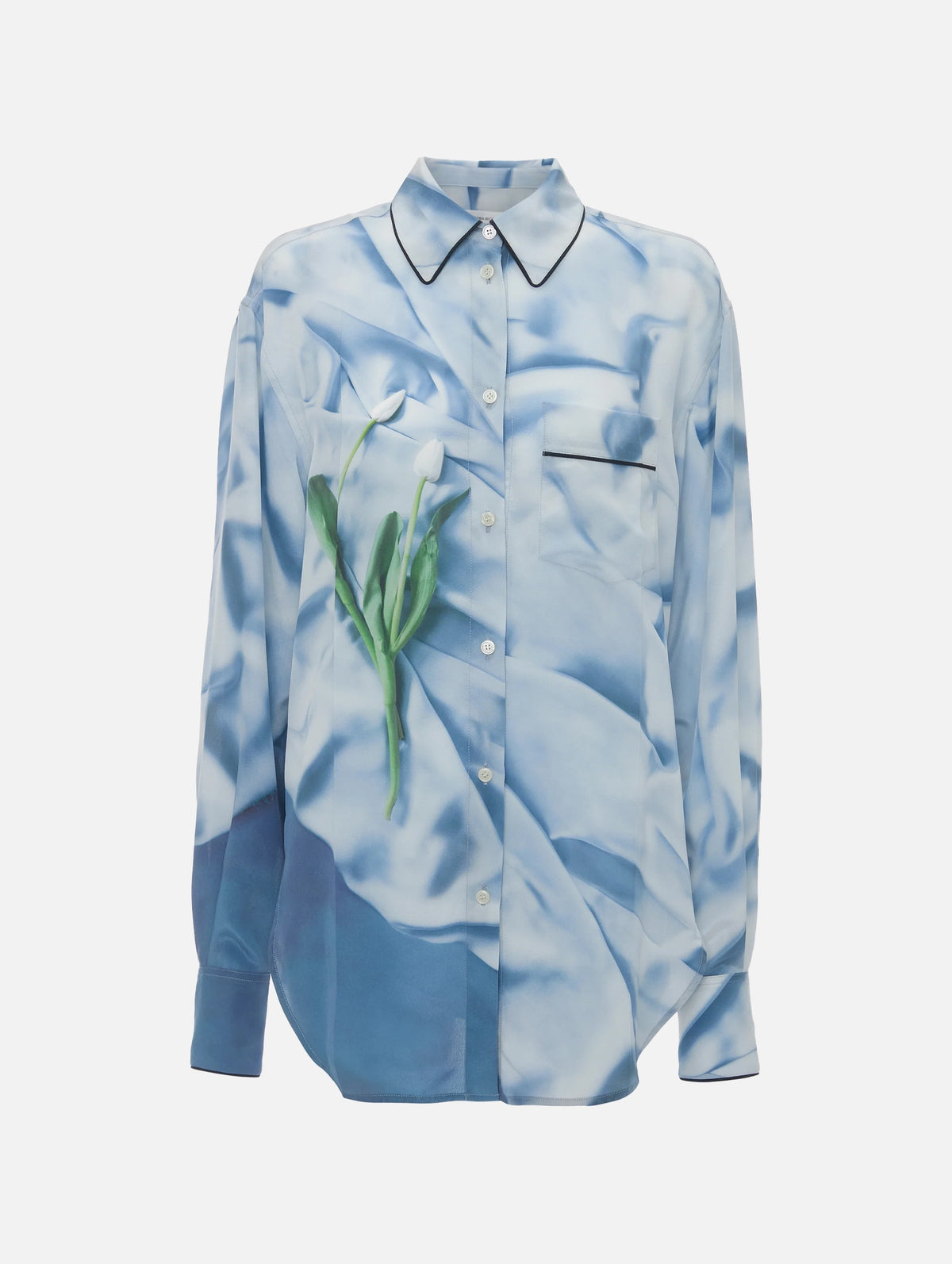 Piping Detail Shirt in Ice Blue Satin Flowers