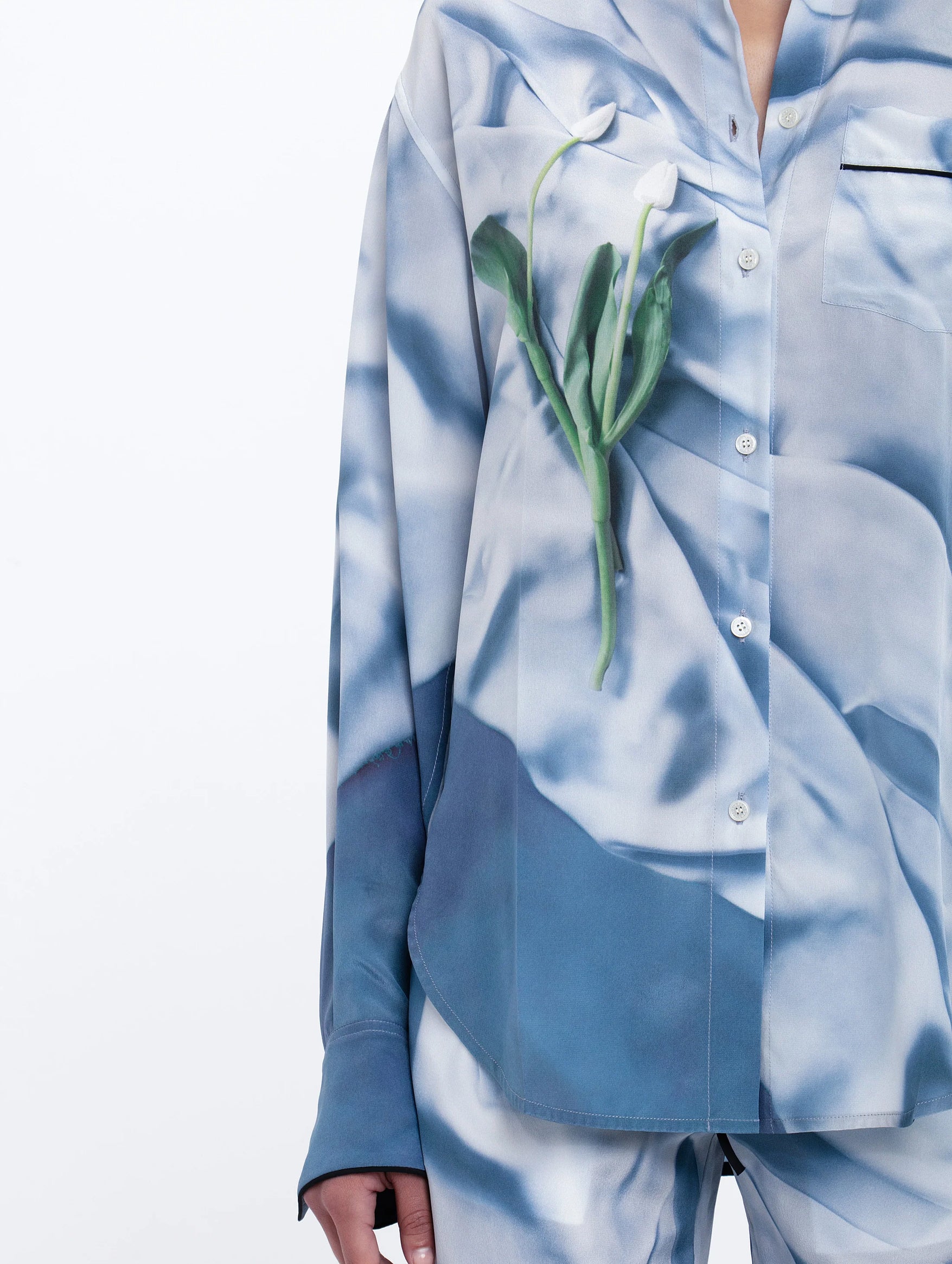 Piping Detail Shirt in Ice Blue Satin Flowers