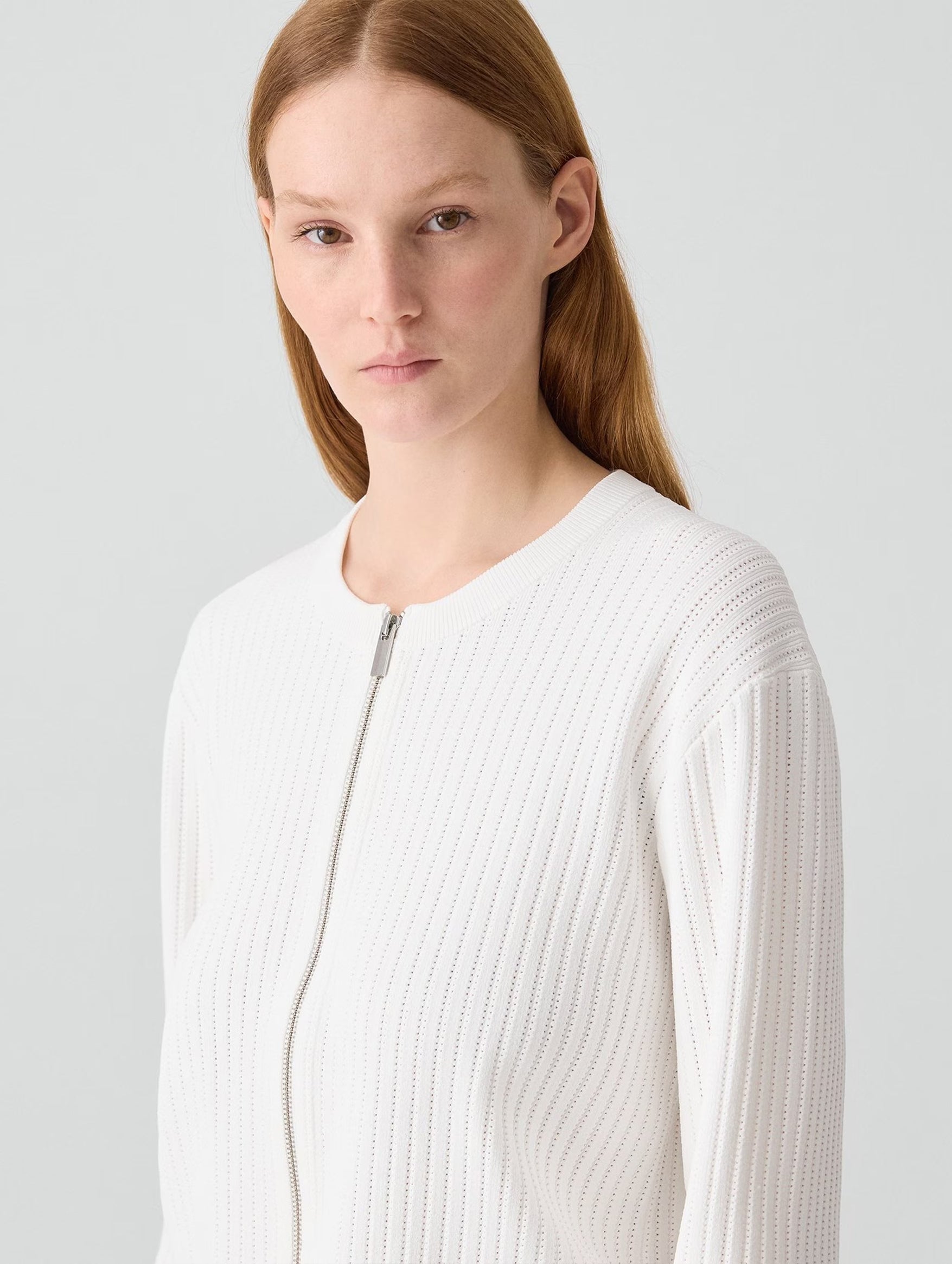 Pointelle Bomber Cardigan in White