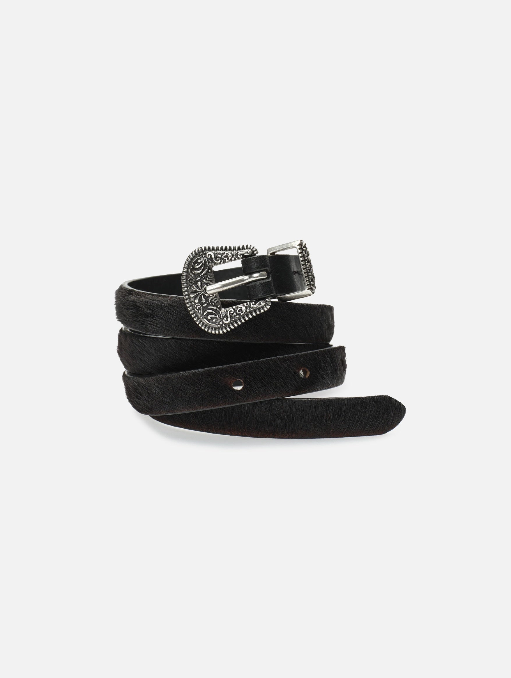 Pony Hair Leather Belt With Ornamental Buckle in Black