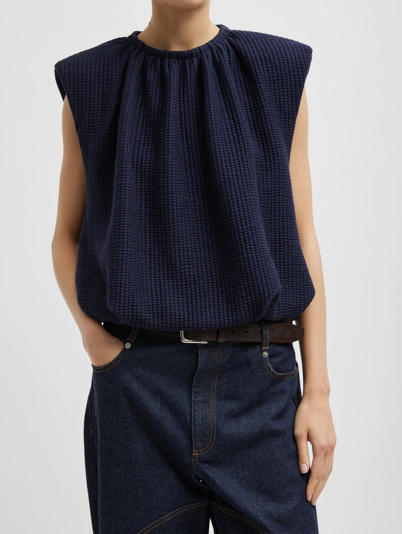 Quilted Waffle Shirred Neck Top in Navy