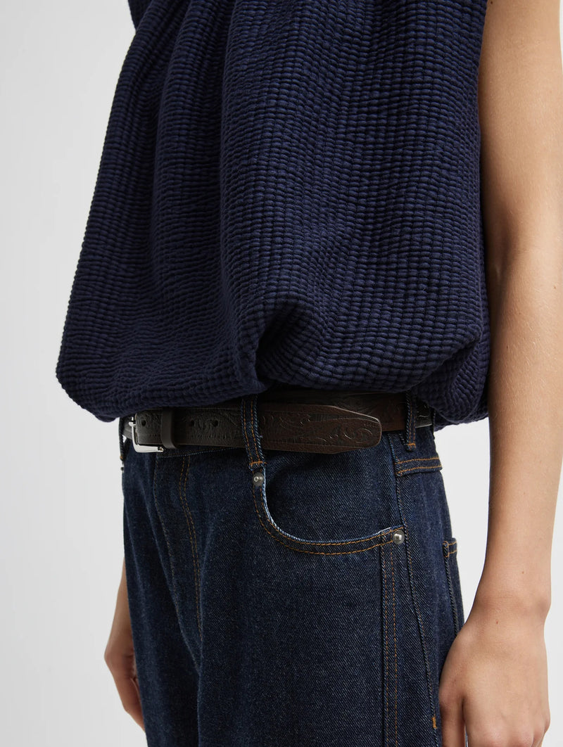 Quilted Waffle Shirred Neck Top in Navy