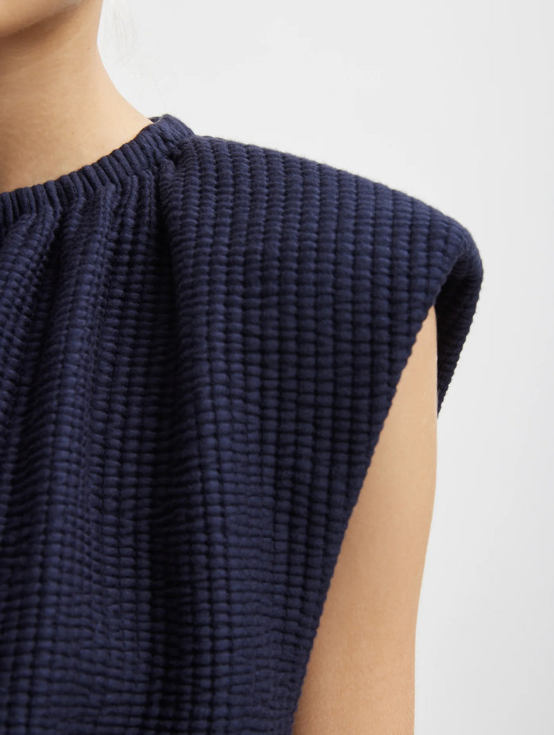 Quilted Waffle Shirred Neck Top in Navy