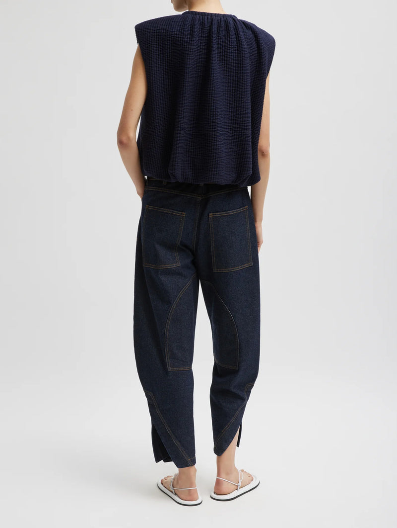 Quilted Waffle Shirred Neck Top in Navy