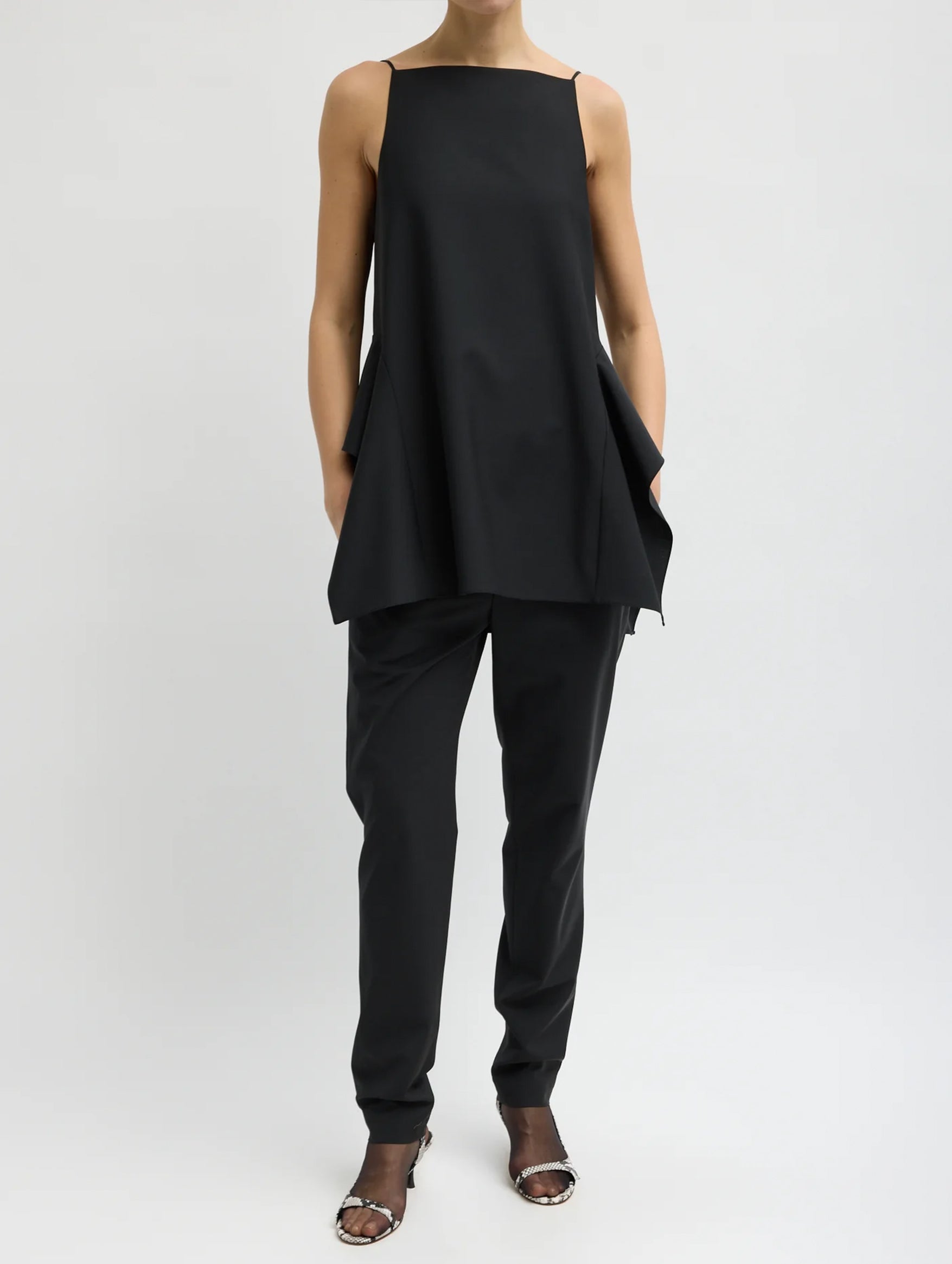 Recycled Tropical Wool Side Drape Top in Black