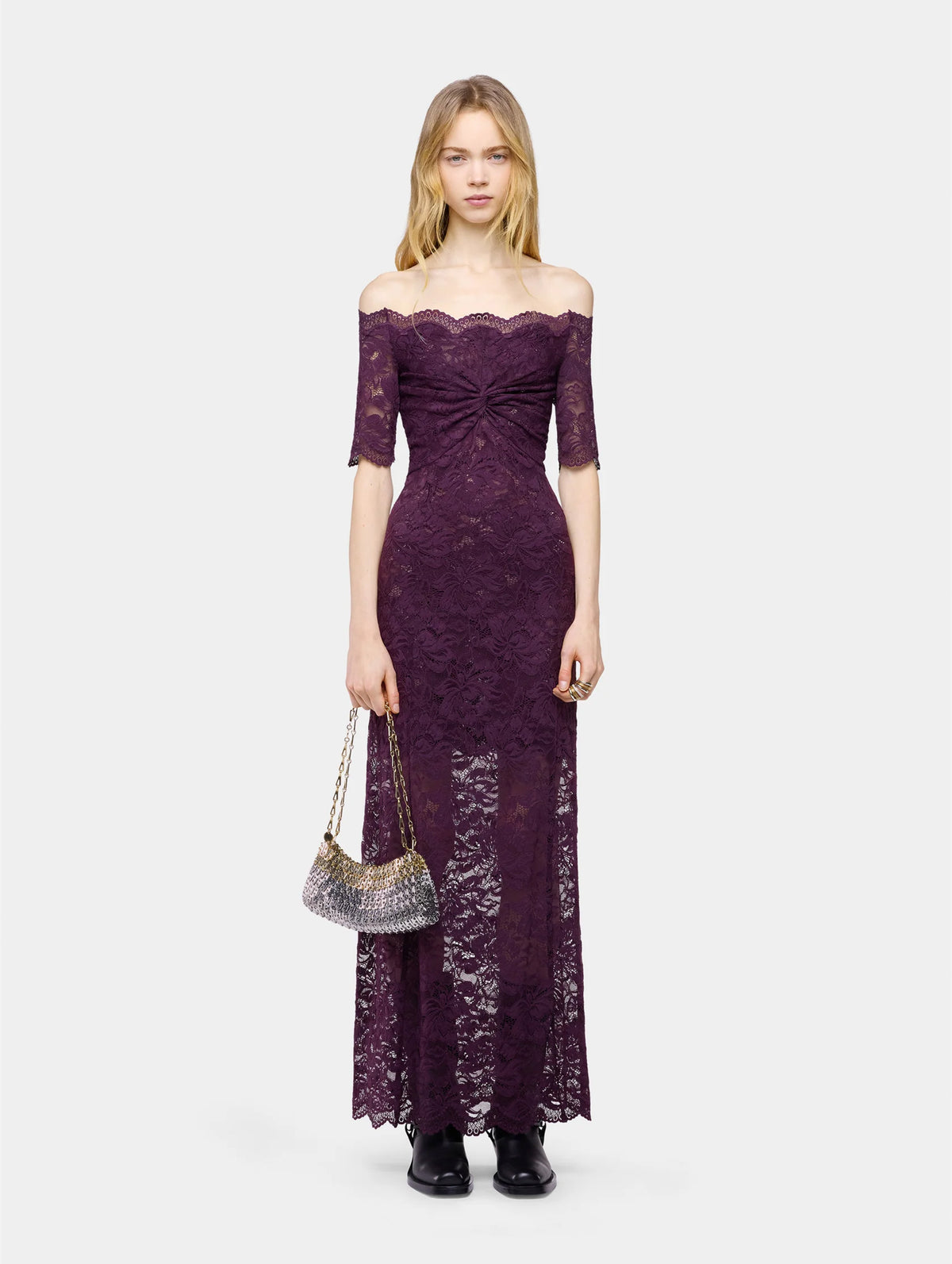 Midi Dress in Magenta Layered Lace