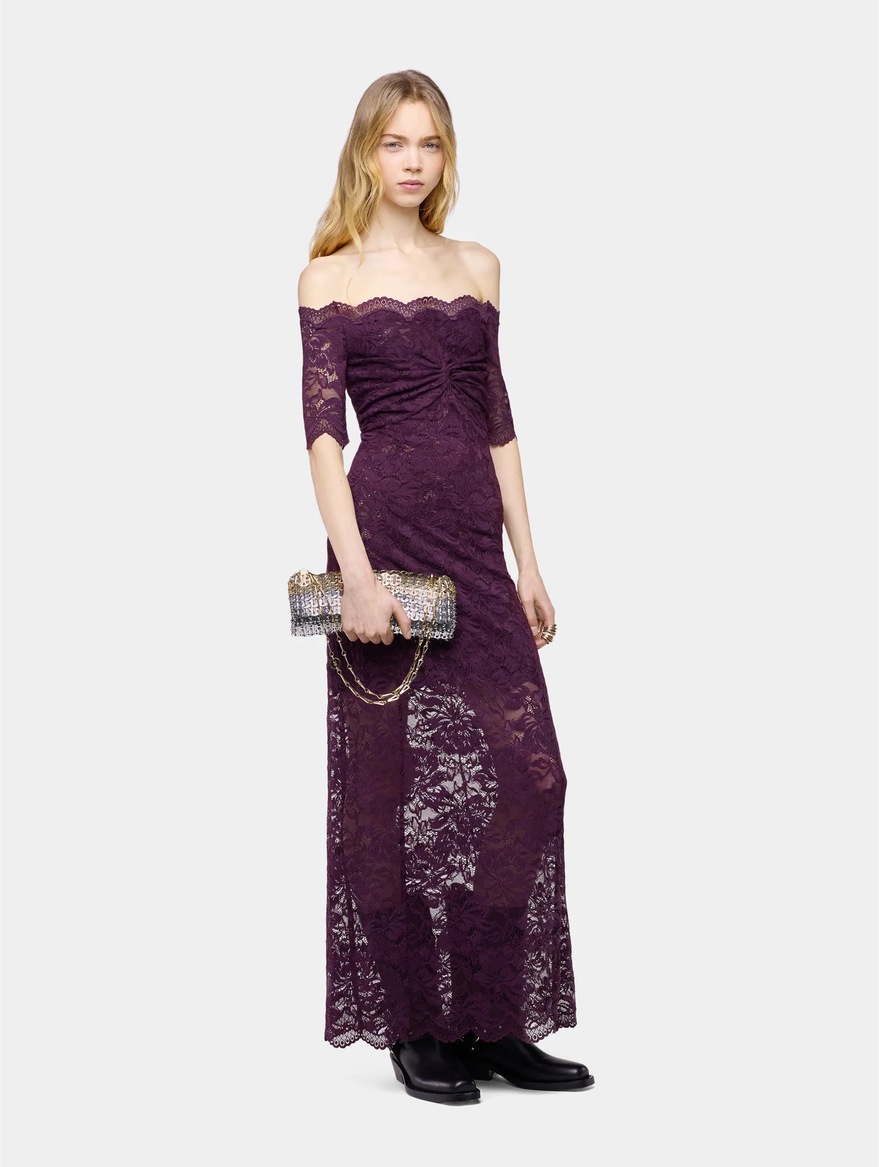 Midi Dress in Magenta Layered Lace