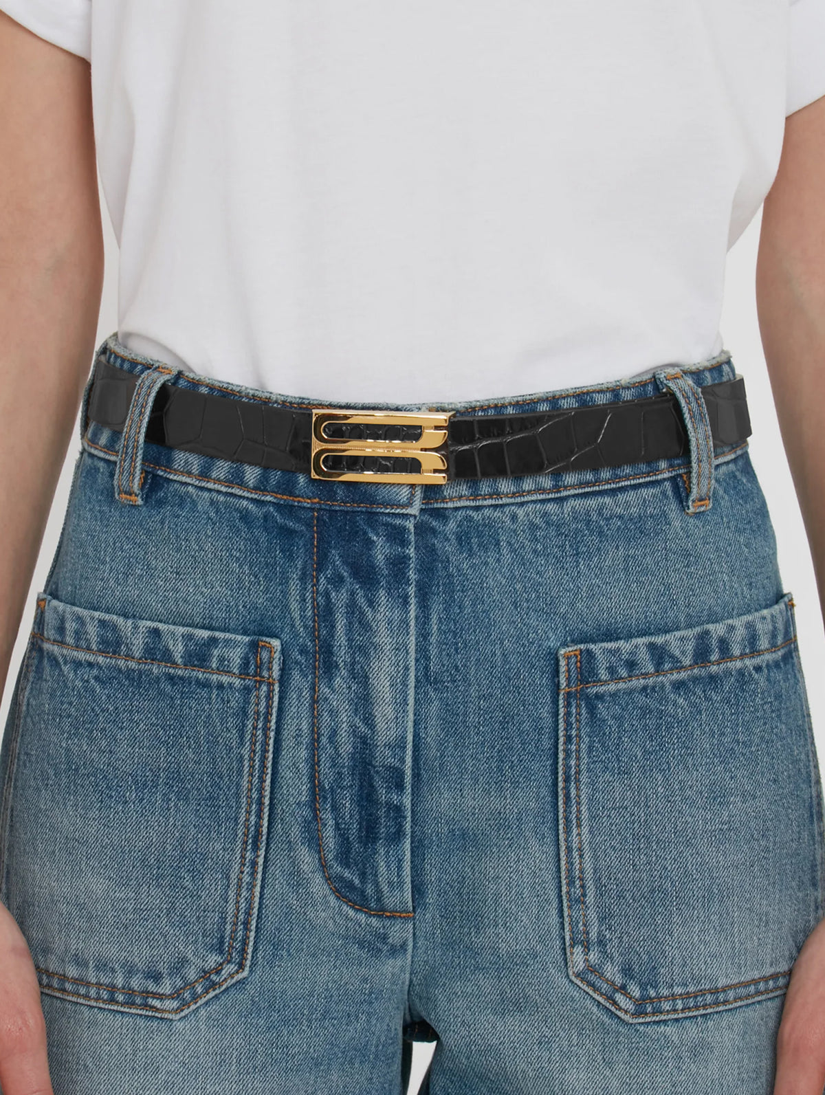 Regular Frame Croc-Effect Leather Belt in Black