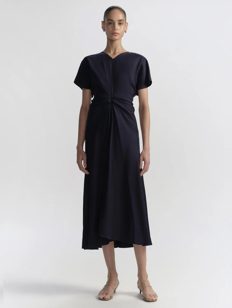 Rem Ruched Midi Dress in Night Blue