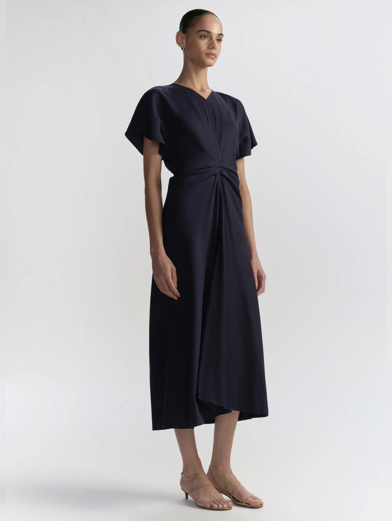 Rem Ruched Midi Dress in Night Blue