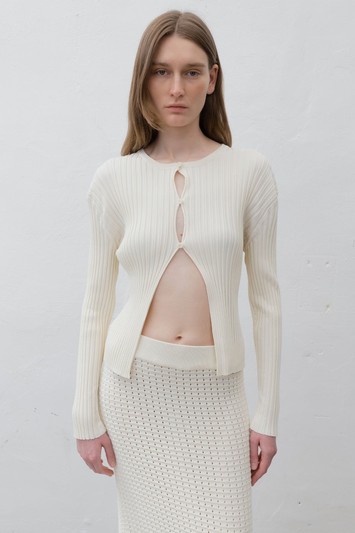 Ribbed Stretch Knit Cardigan in Ivory