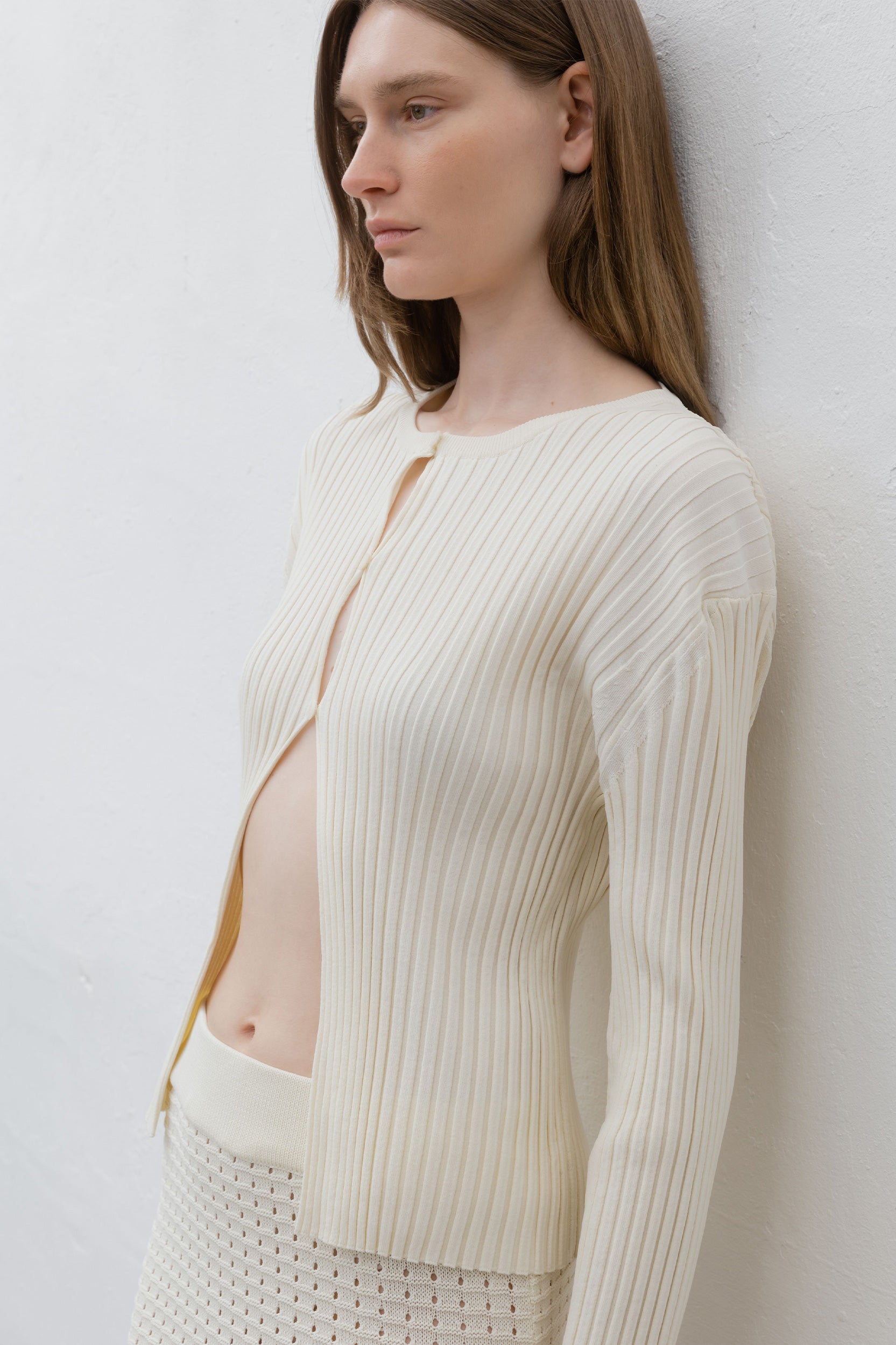 Ribbed Stretch Knit Cardigan in Ivory