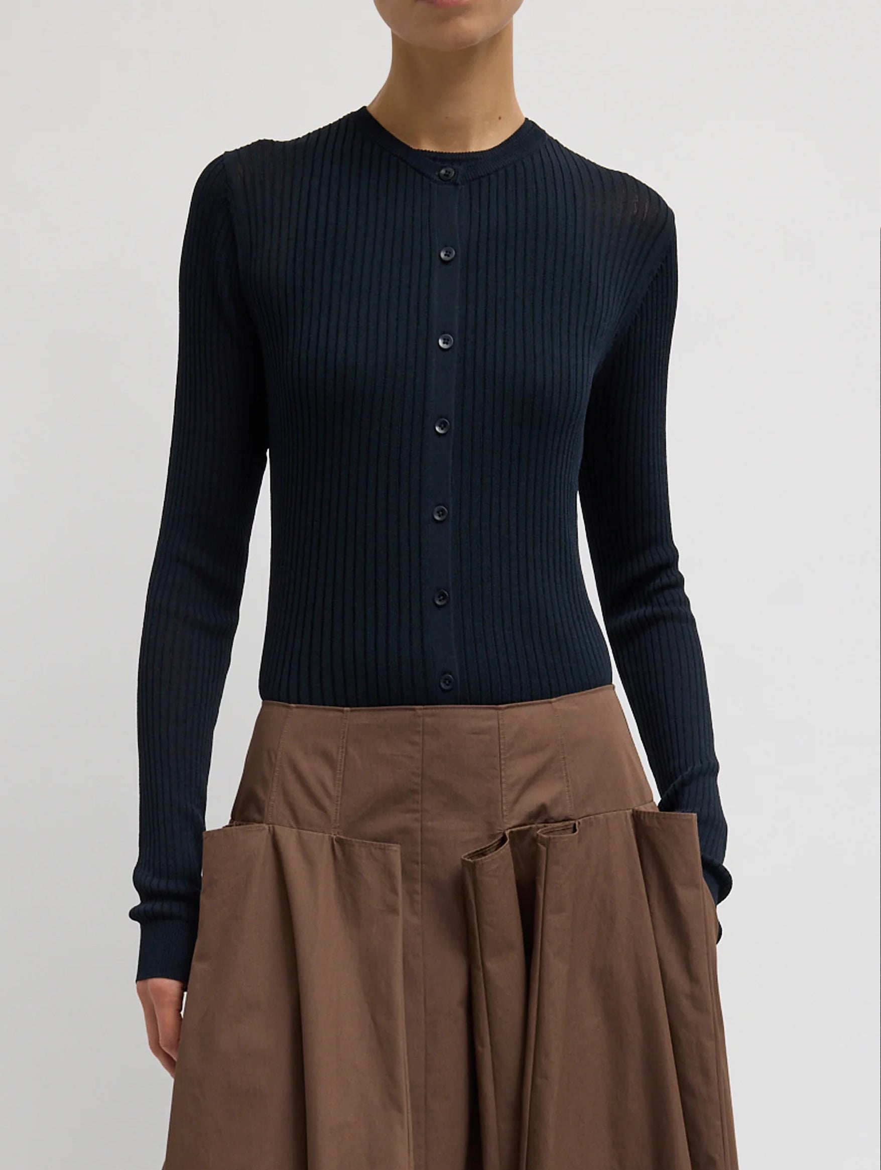 Ribbed Sweater Slim Cardigan in Navy