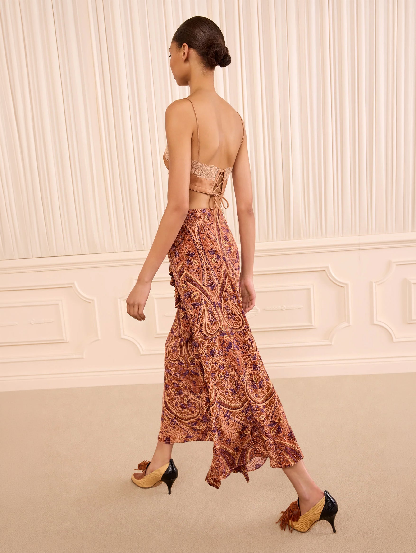 Riele Cascading Ruffle Silk Skirt in Rosette
