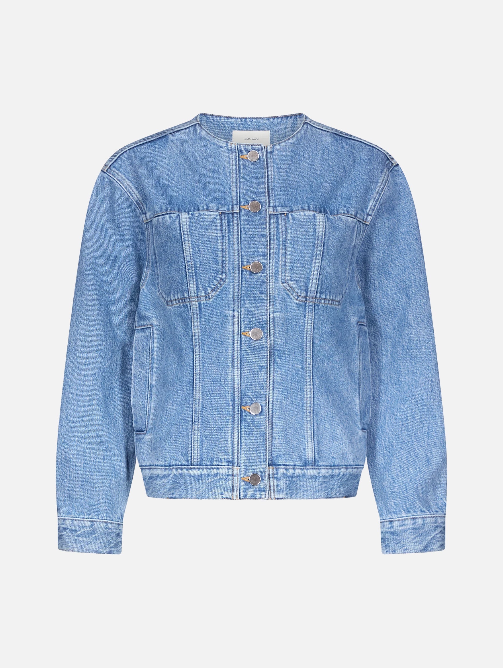Rima Collarless Denim Jacket in Washed Light Blue
