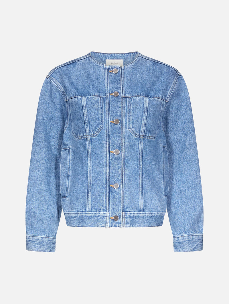 Rima Collarless Denim Jacket in Washed Light Blue