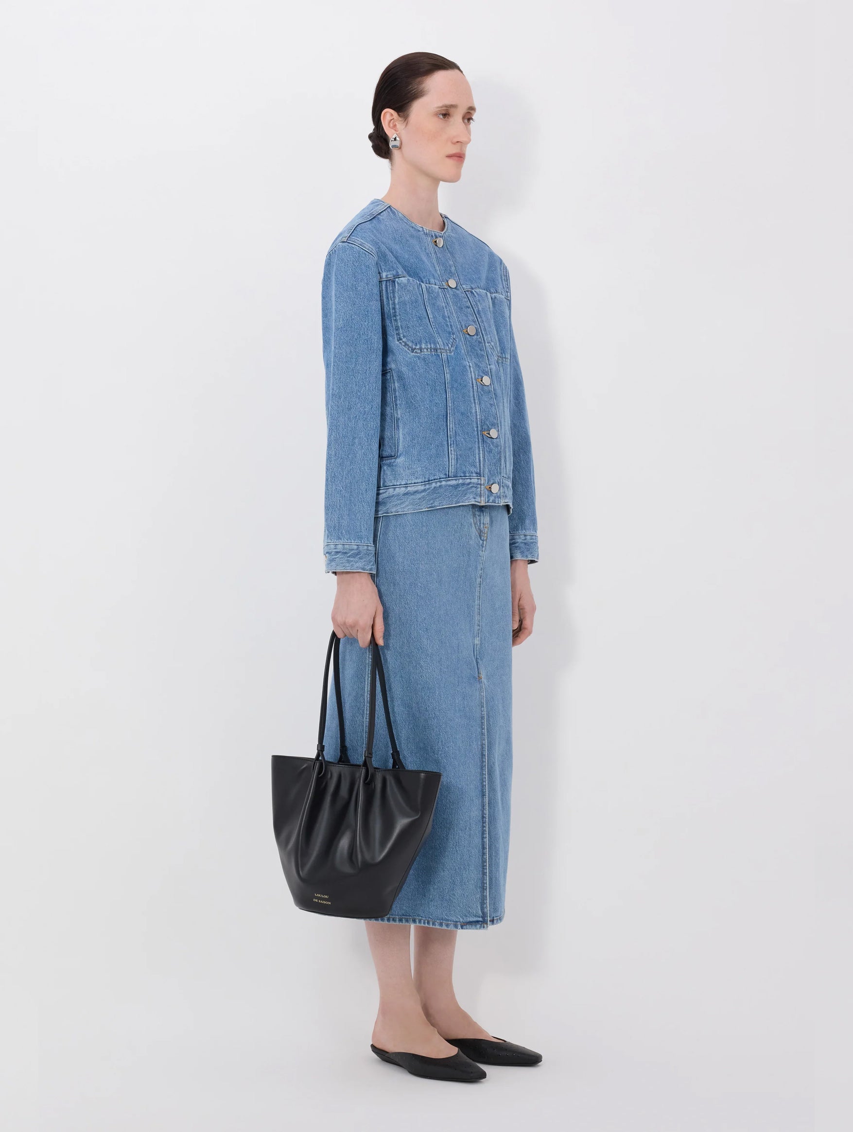 Rima Collarless Denim Jacket in Washed Light Blue
