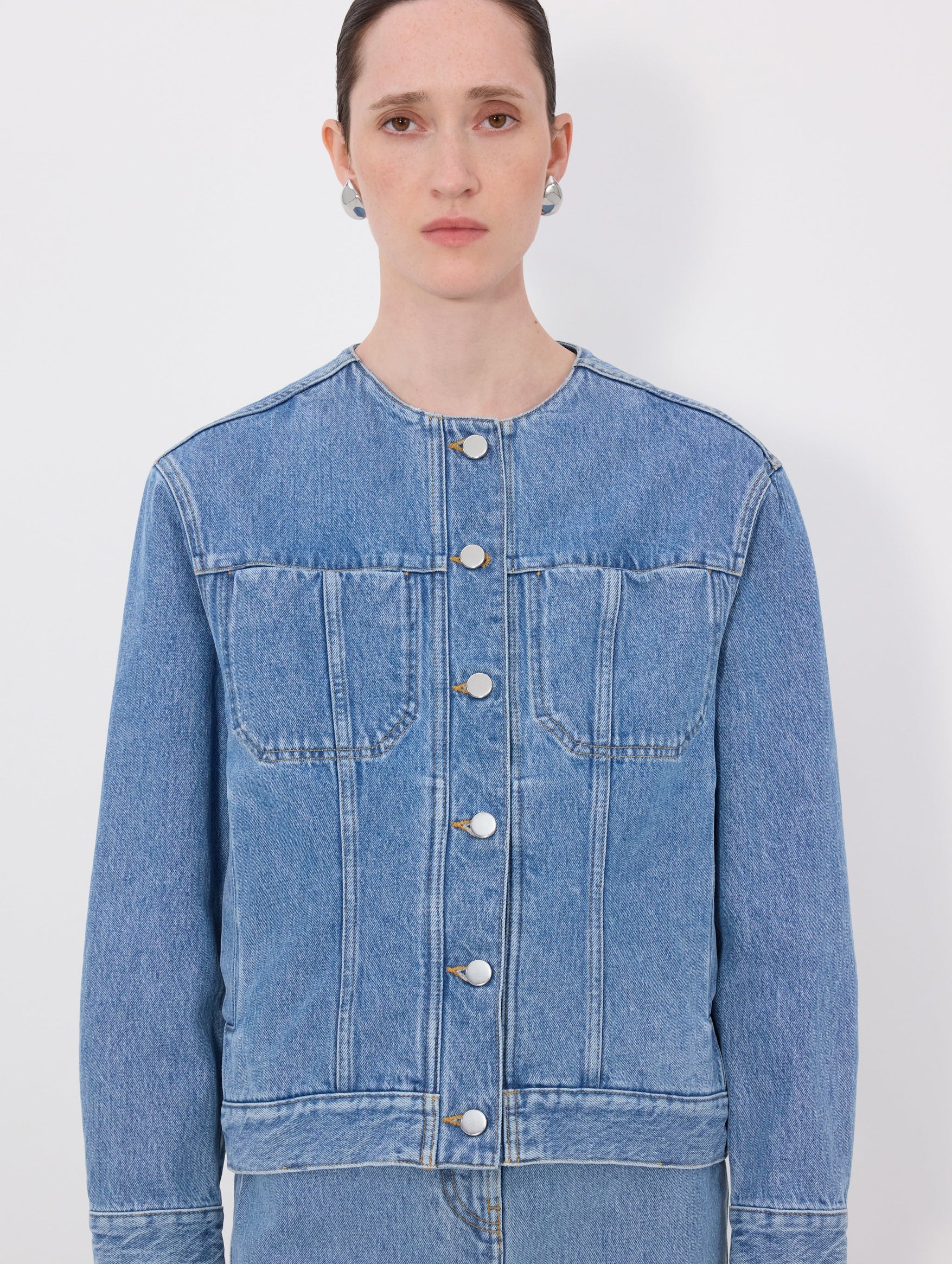 Rima Collarless Denim Jacket in Washed Light Blue