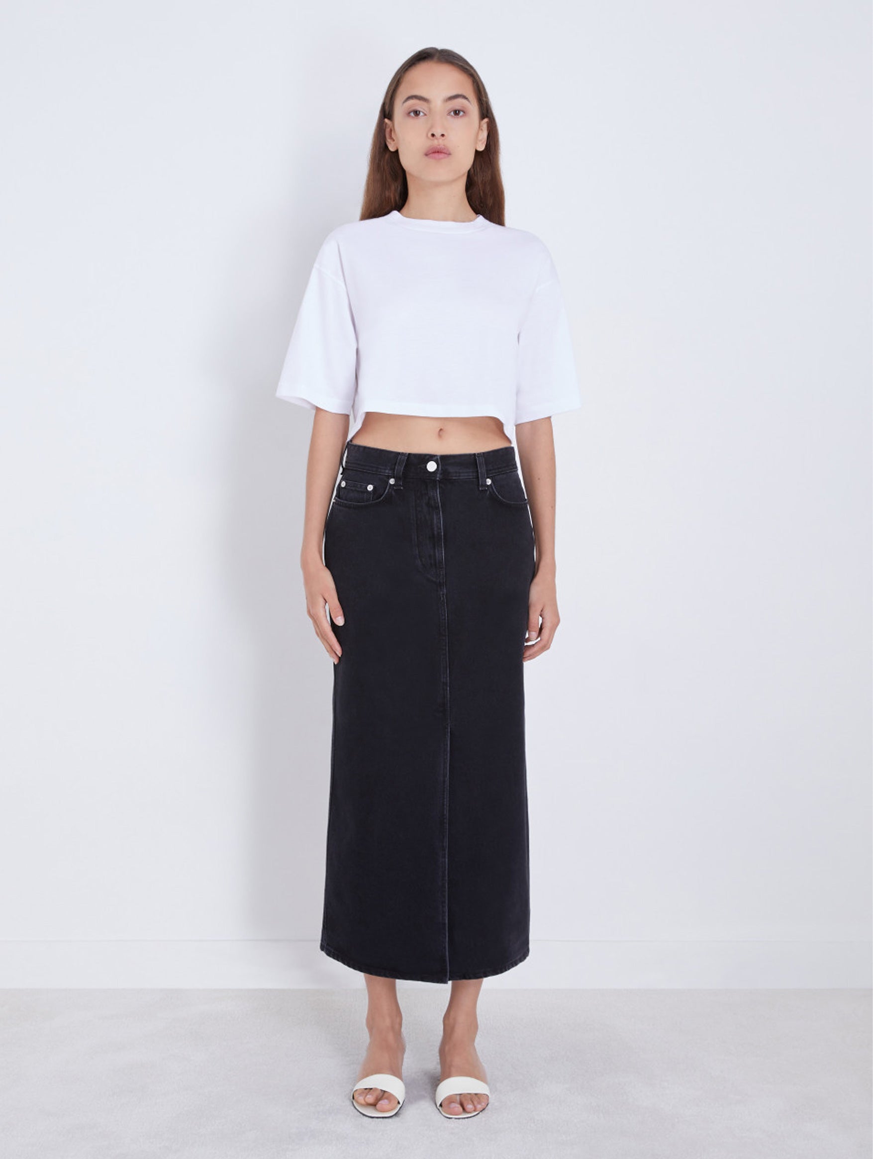 Rona Denim Long Skirt in Washed Grey