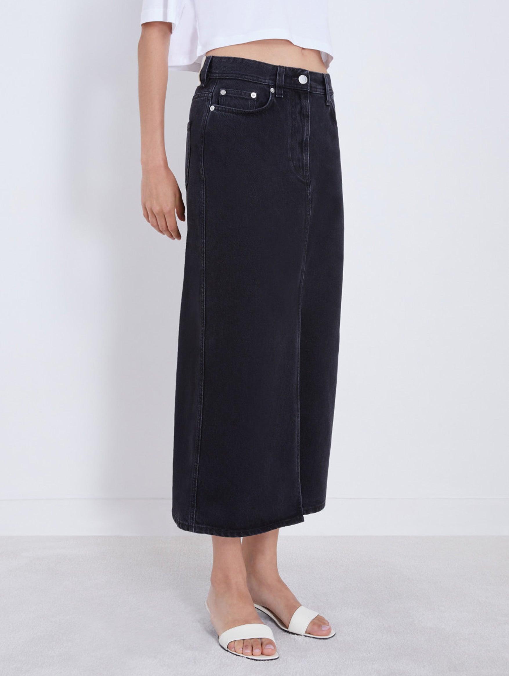 Rona Denim Long Skirt in Washed Grey