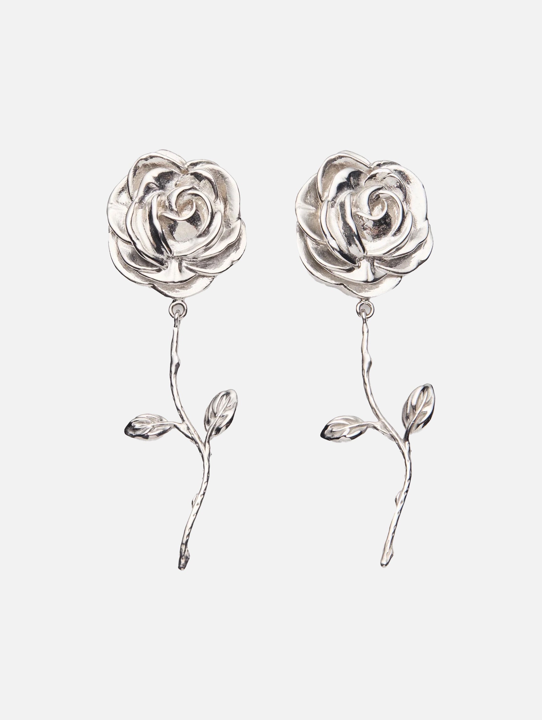 Rose Stem Earrings in Silver