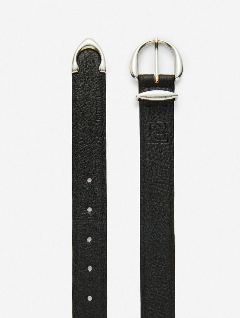 Rounded Buckle Leather Belt In Black And Silver