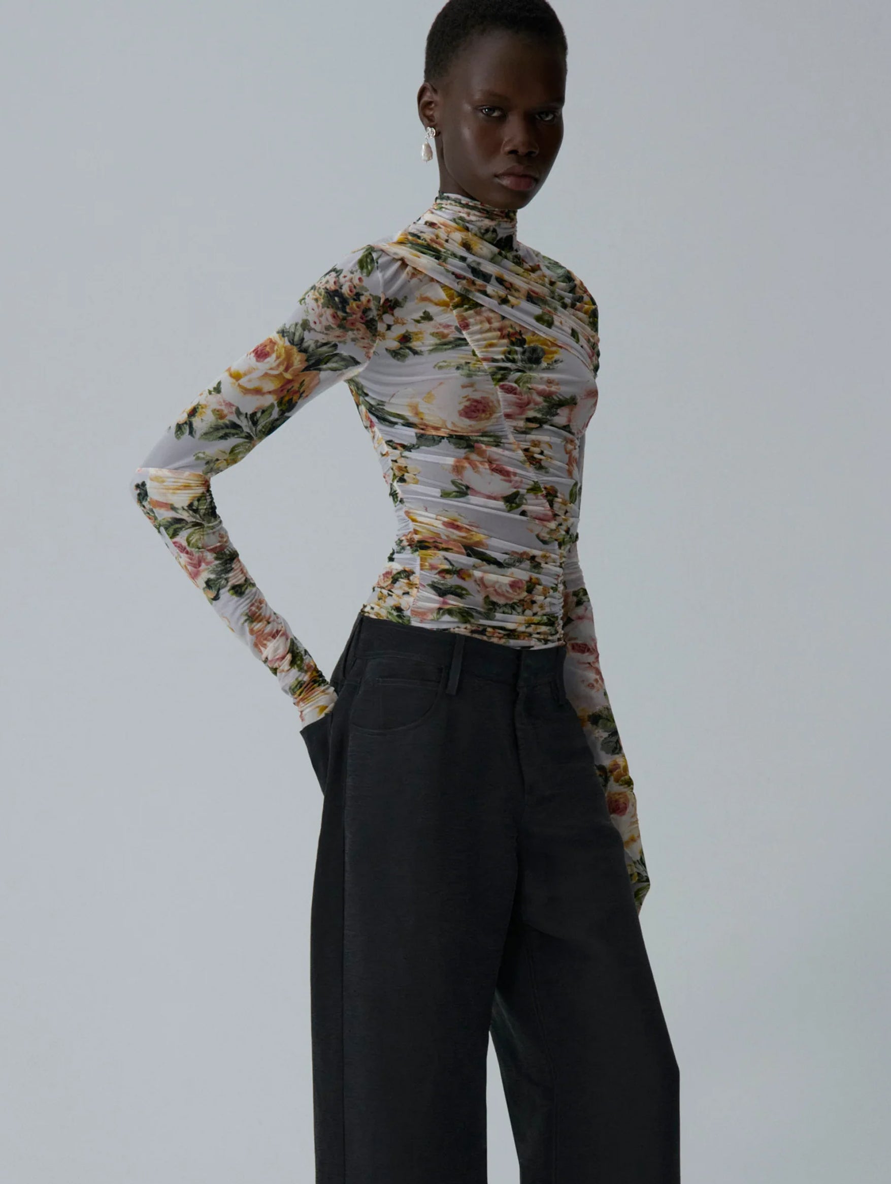 Ruched Cape-effect Top in Floral Print