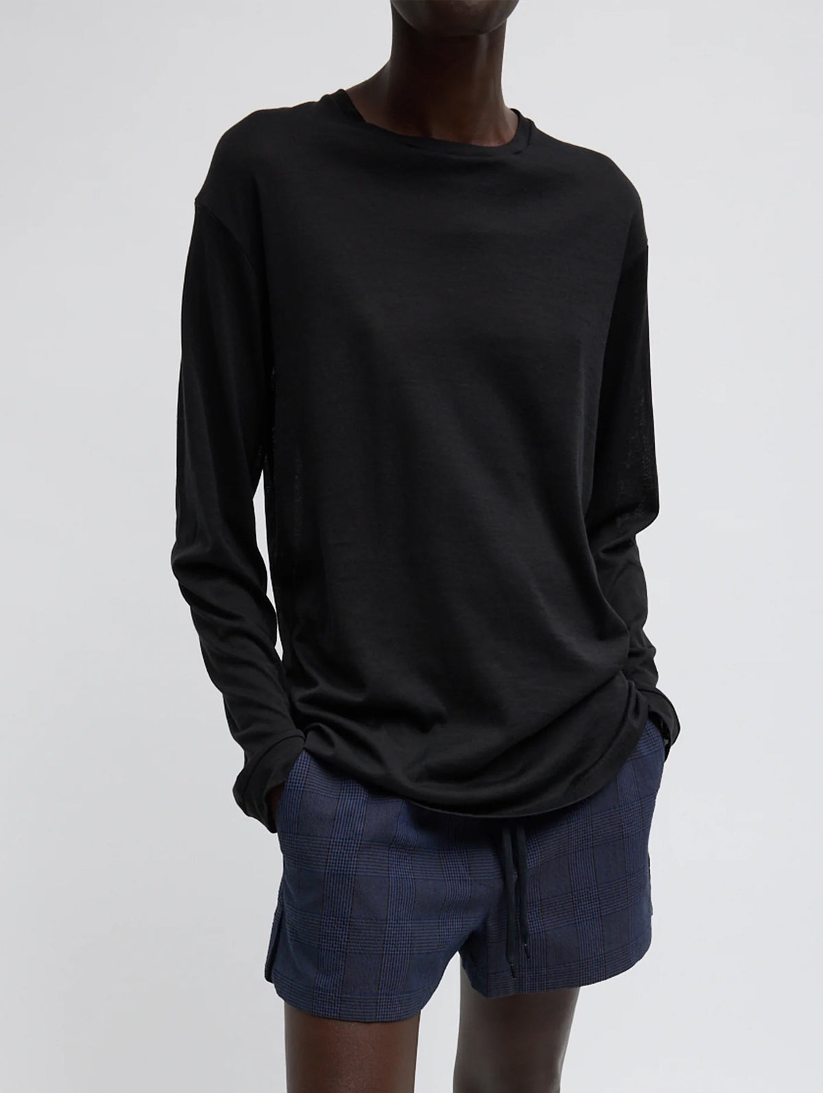 Sheer Crepe Knit Crewneck Unisex Long Sleeve T in Black