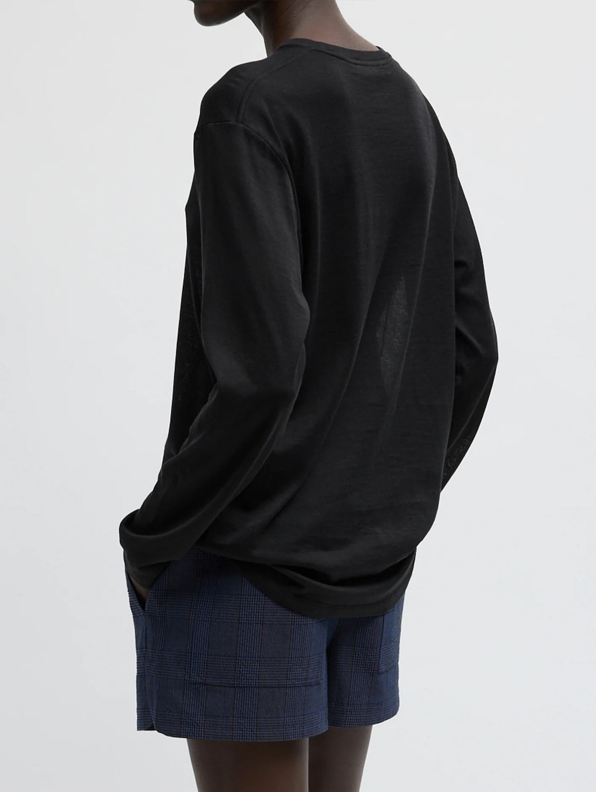 Sheer Crepe Knit Crewneck Unisex Long Sleeve T in Black