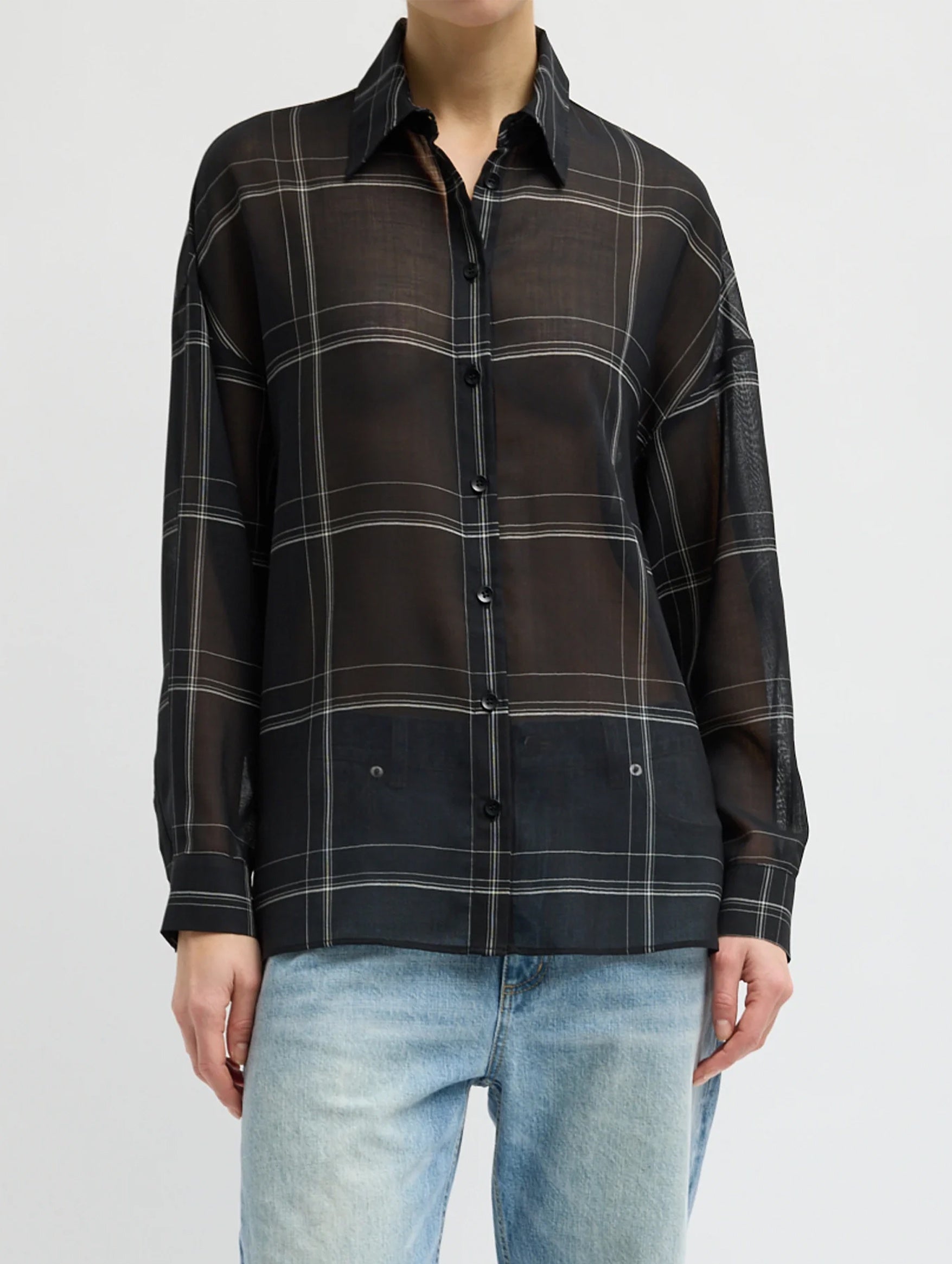 Sheer Wool Gauze Check Oversized Shirt in Black Check Multi