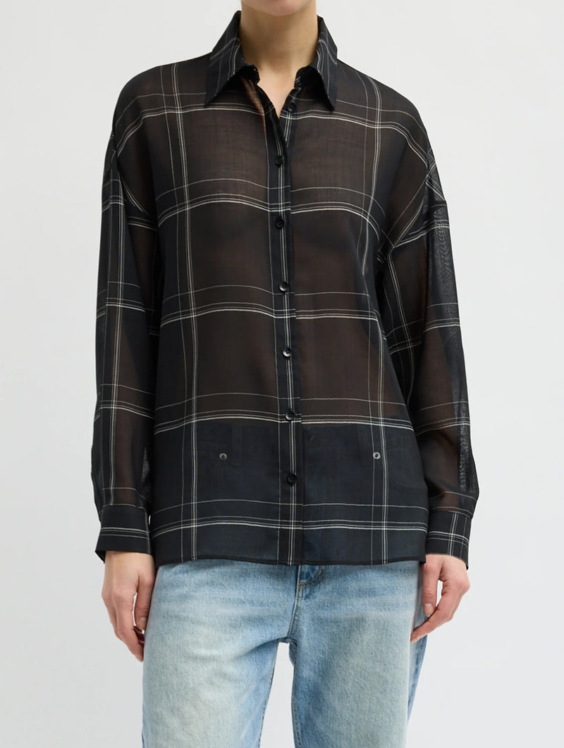 Sheer Wool Gauze Check Oversized Shirt in Black Check Multi