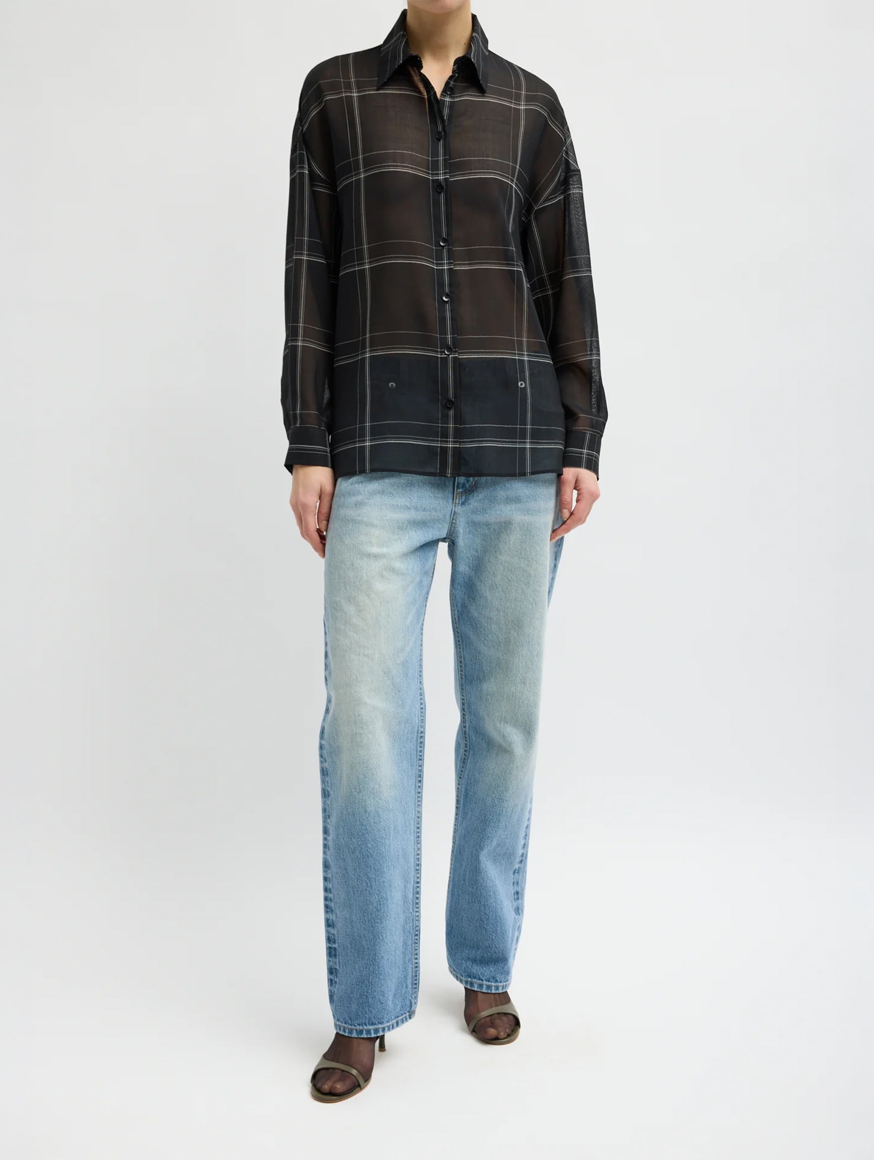 Sheer Wool Gauze Check Oversized Shirt in Black Check Multi