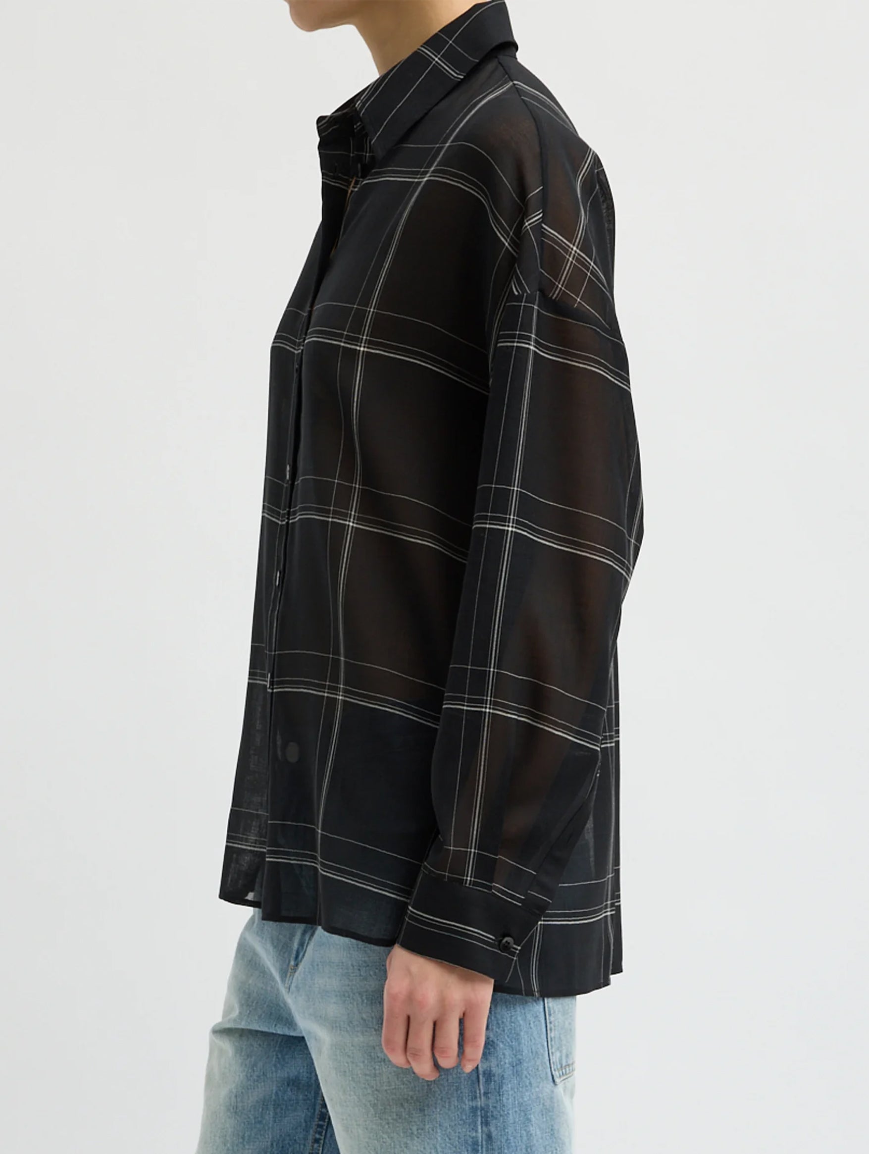 Sheer Wool Gauze Check Oversized Shirt in Black Check Multi