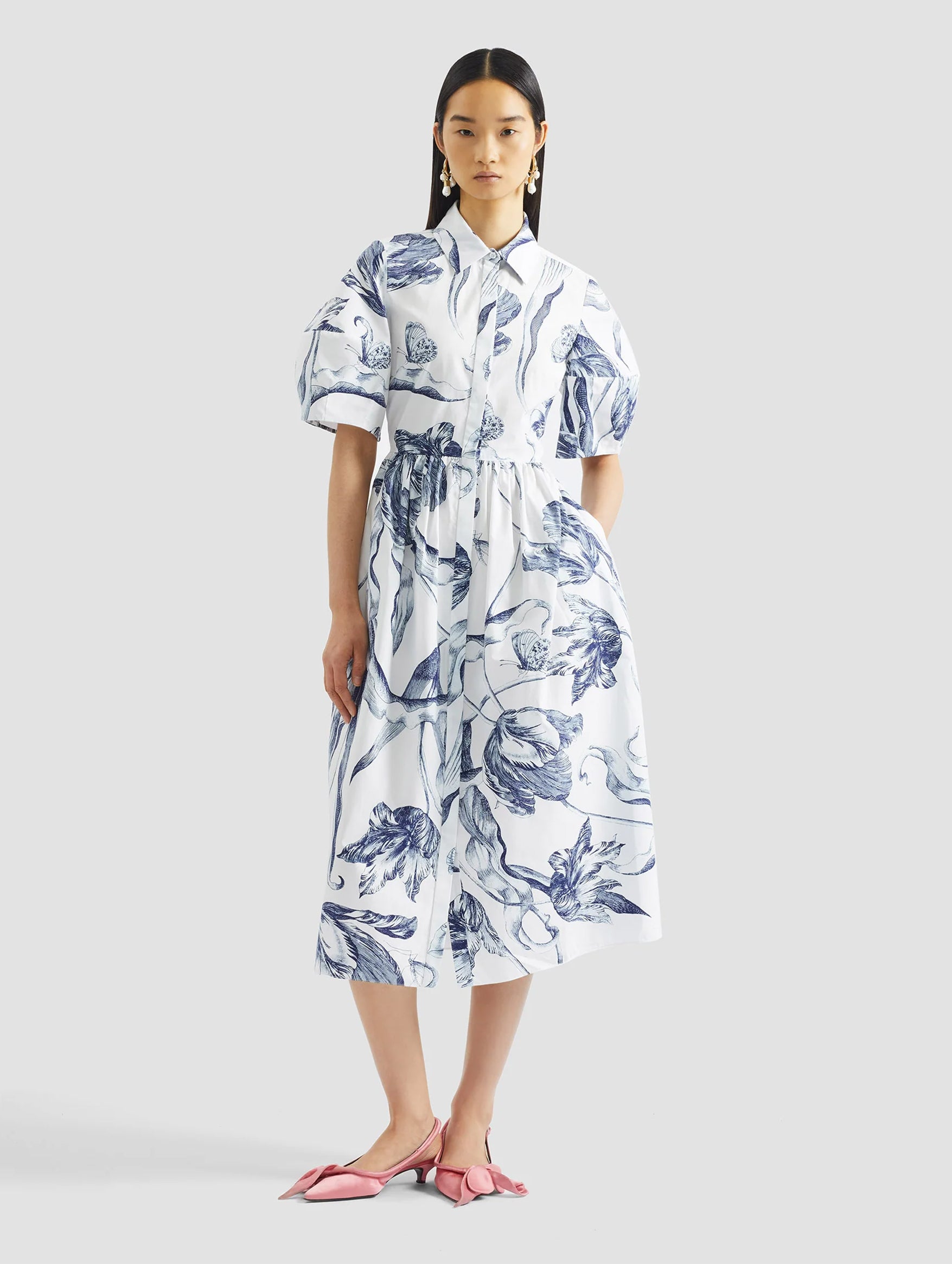 Short Sleeve Midi Shirt Dress in Botanical Engraving Ivory
