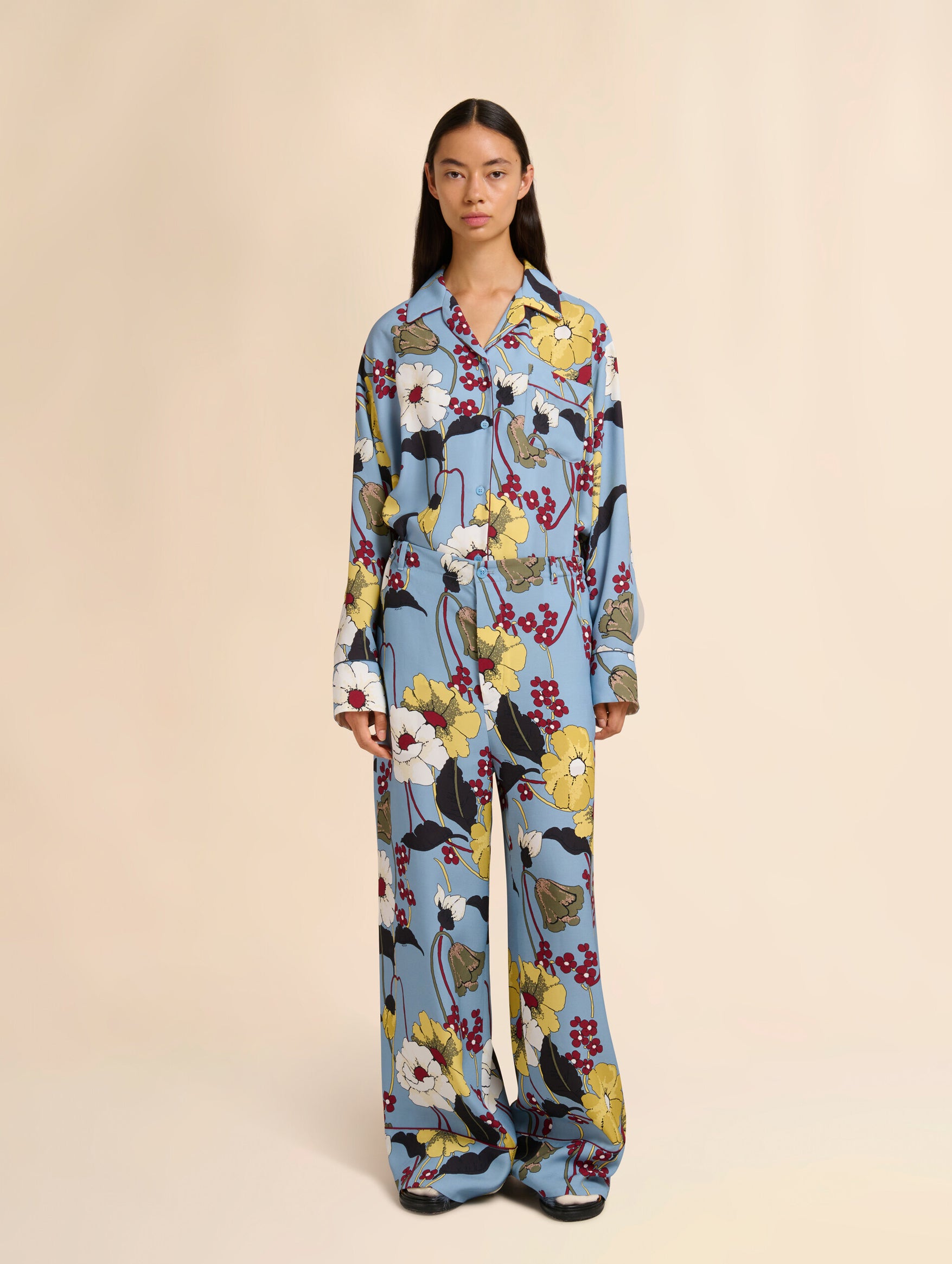 Blue Envers Satin Pants in Melodia Print