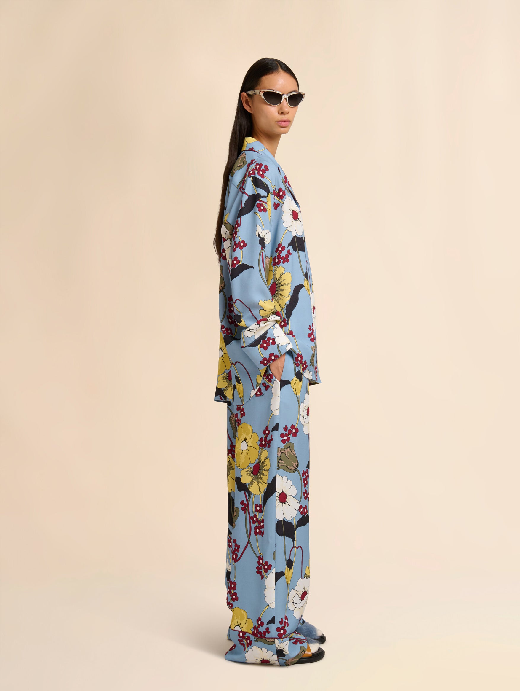 Blue Envers Satin Pants in Melodia Print