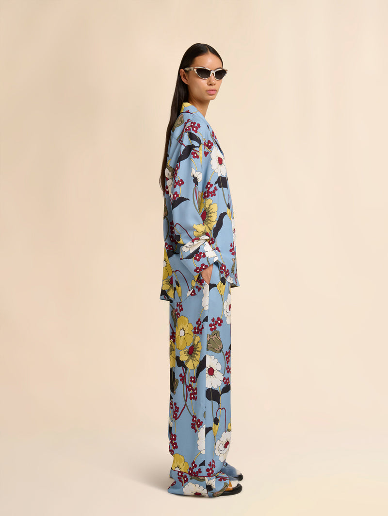 Blue Envers Satin Pants in Melodia Print