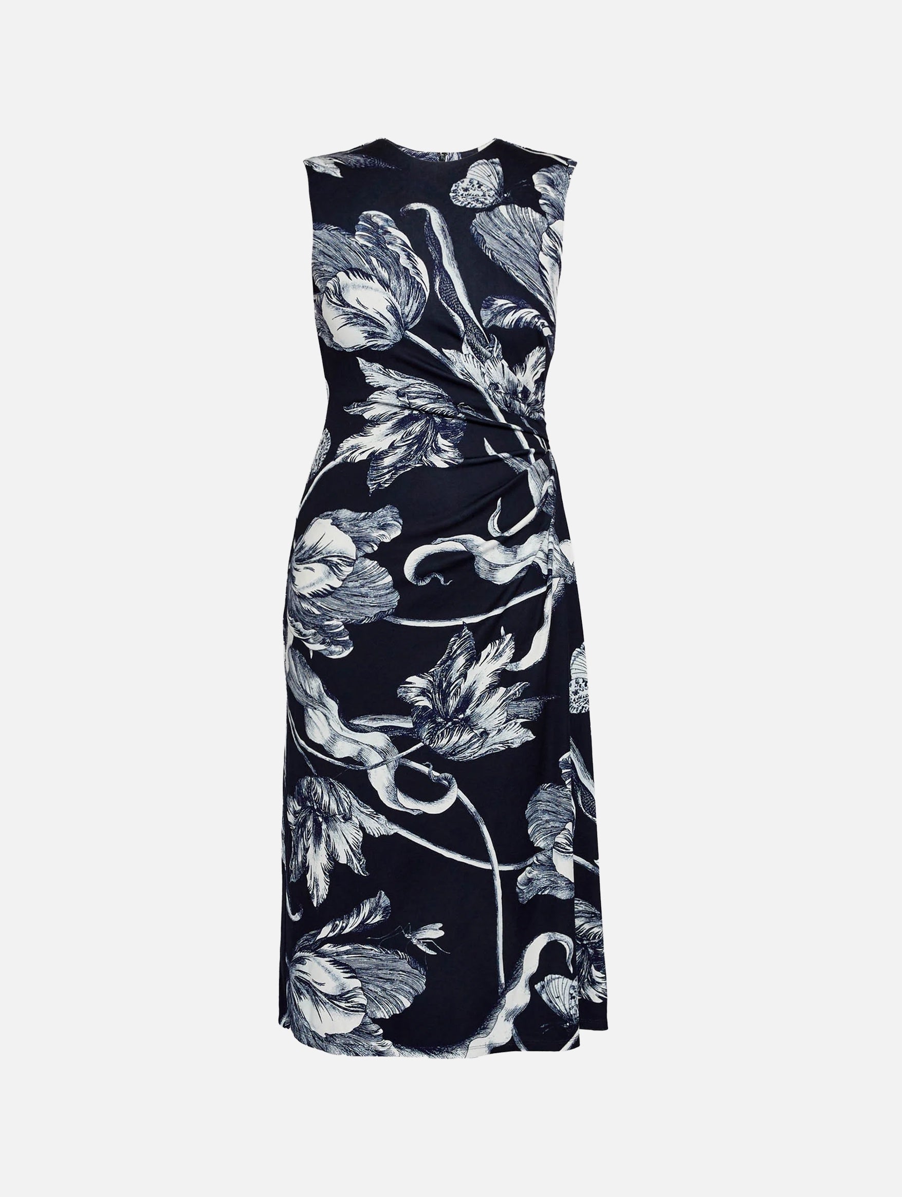 Sleeveless Draped Midi Dress in Botanical Engraving Midnight