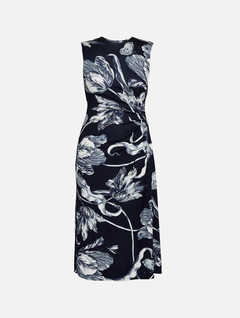 Sleeveless Draped Midi Dress in Botanical Engraving Midnight
