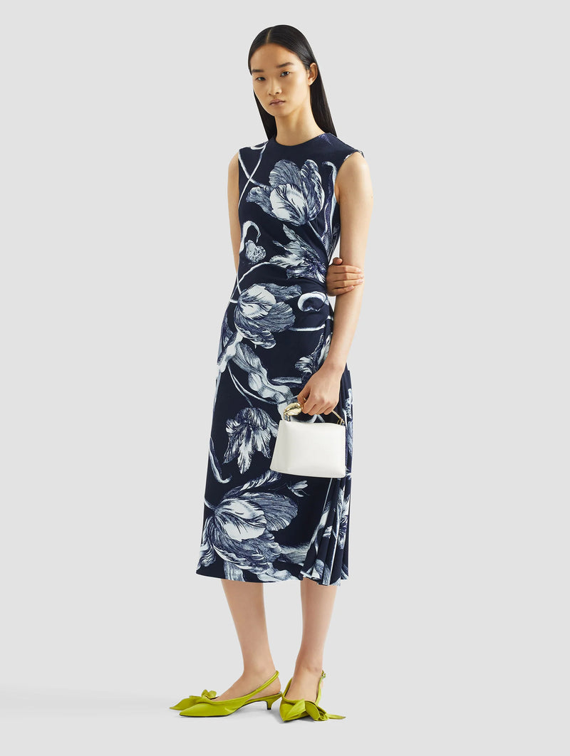 Sleeveless Draped Midi Dress in Botanical Engraving Midnight