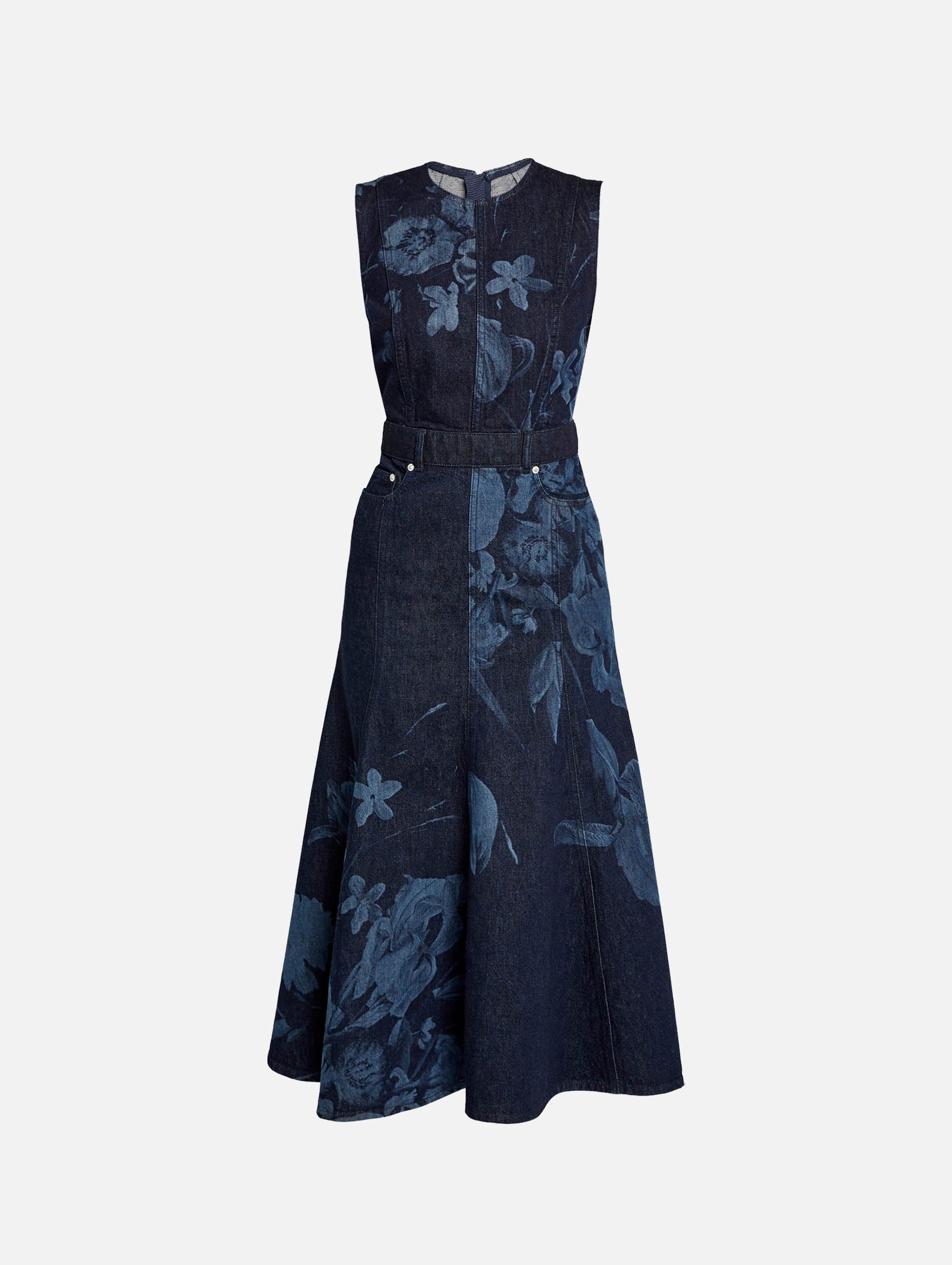 Sleeveless Fluted Midi Dress in Dutch Flower Painting Indigo